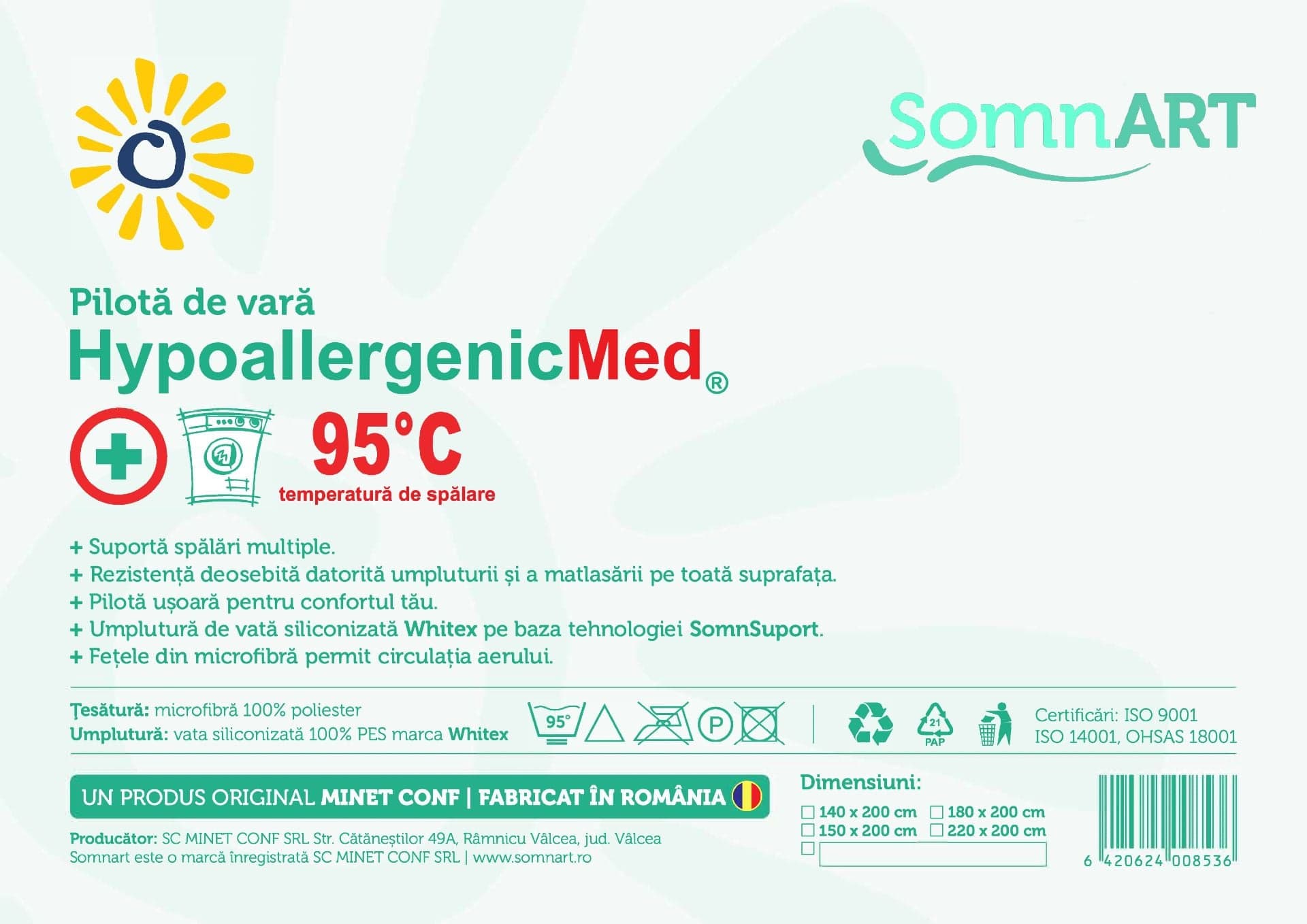 Pilota Somnart HypoAllergenicMed, microfibra 200g, 180 x 210 cm, lavabila la 95°C, pentru vara - 8