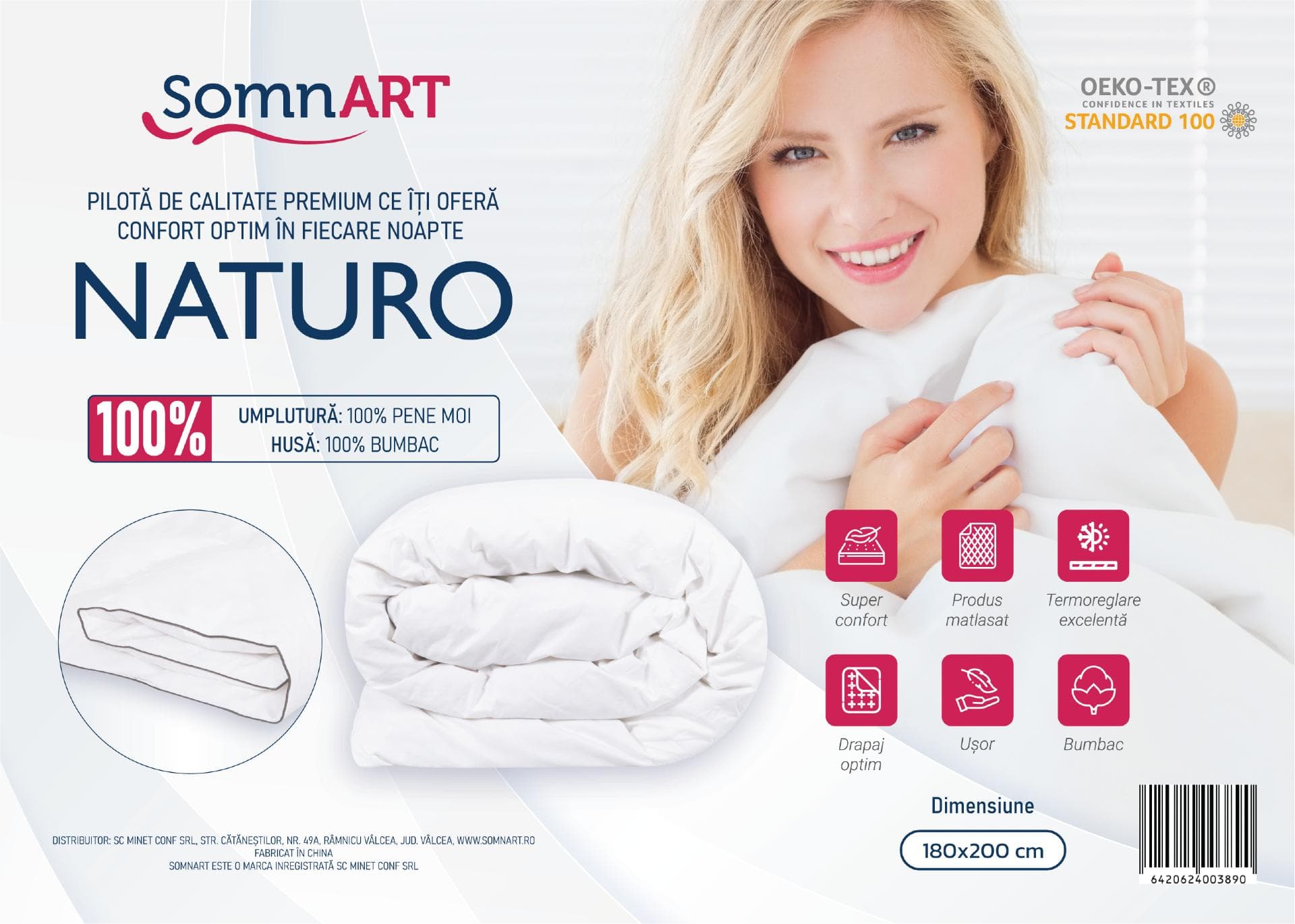 Pilota Naturo Pene 150x200, materiale 100% naturale, tesatura bumbac, mentine temperatura corpului - 7