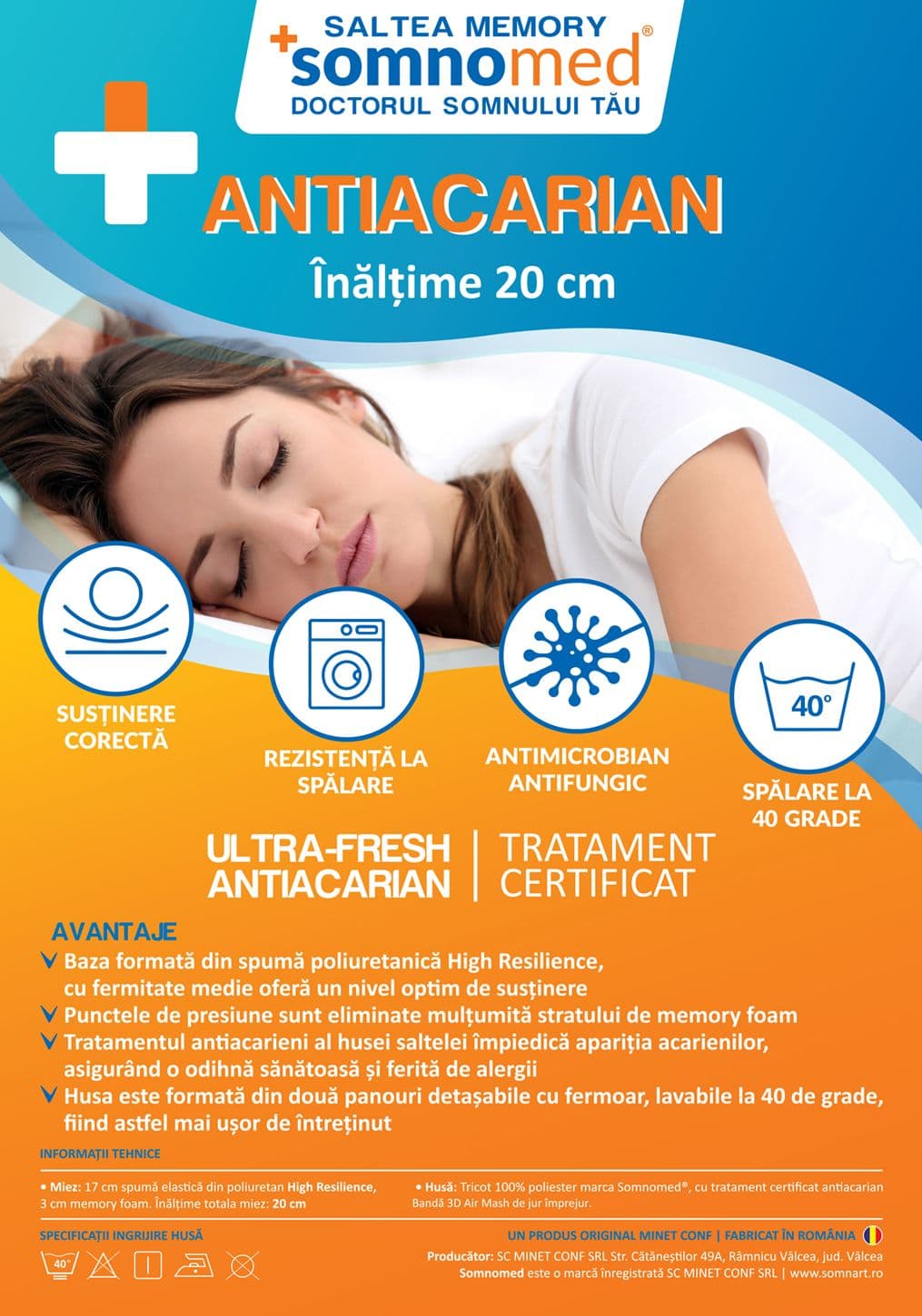 Saltea cu memorie Somnomed Antiacaria 180x200, înălțime 20 cm, pentru alergici, husă cu tratament antiacarian, rulată, fermitate medie - 10