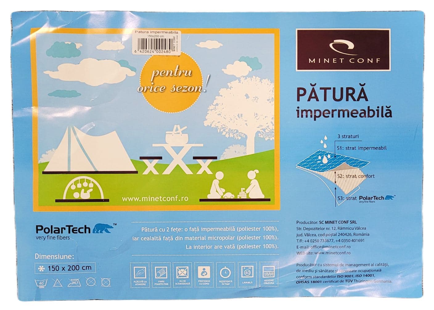 Patura cocolino picnic impermeabila 3 straturi, PolarTech Somnart, 150x200, albastru + gri inchis - 6