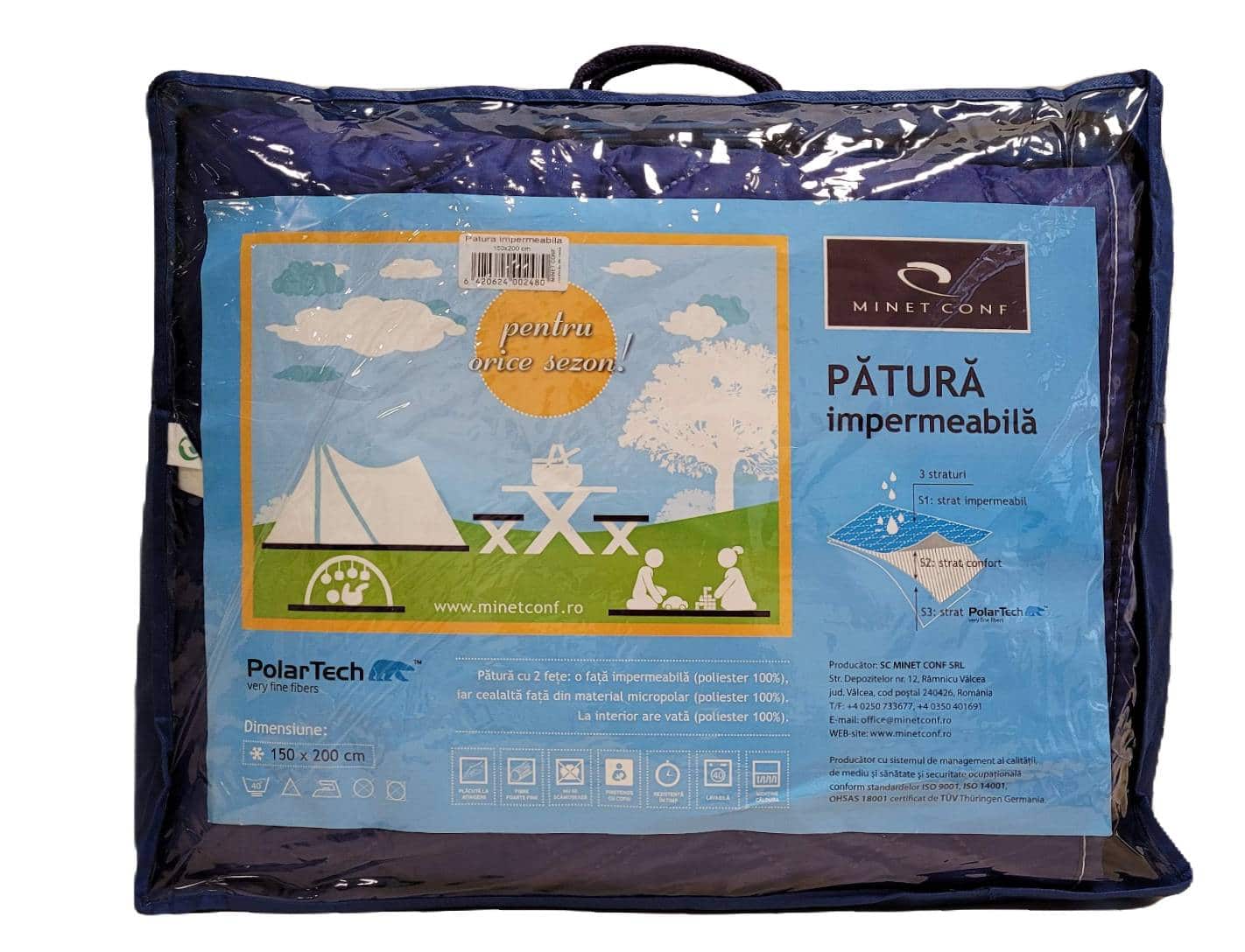 Patura cocolino picnic impermeabila 3 straturi, PolarTech Somnart, 150x200, albastru + gri inchis - 10