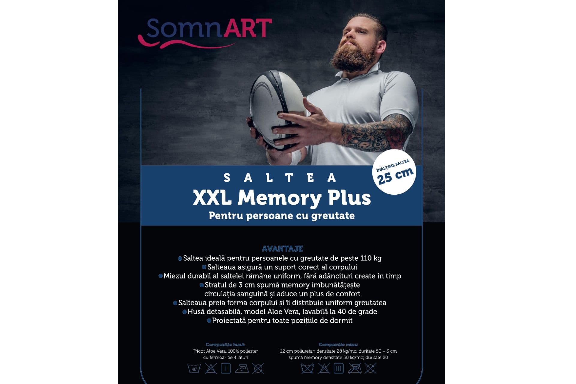 Saltea cu memorie SomnART XXL Memory Plus 100x200, înălțime 25cm, pentru persoane supraponderale, husă Aloe Vera detașabilă, rulată, fermitate mare - 12