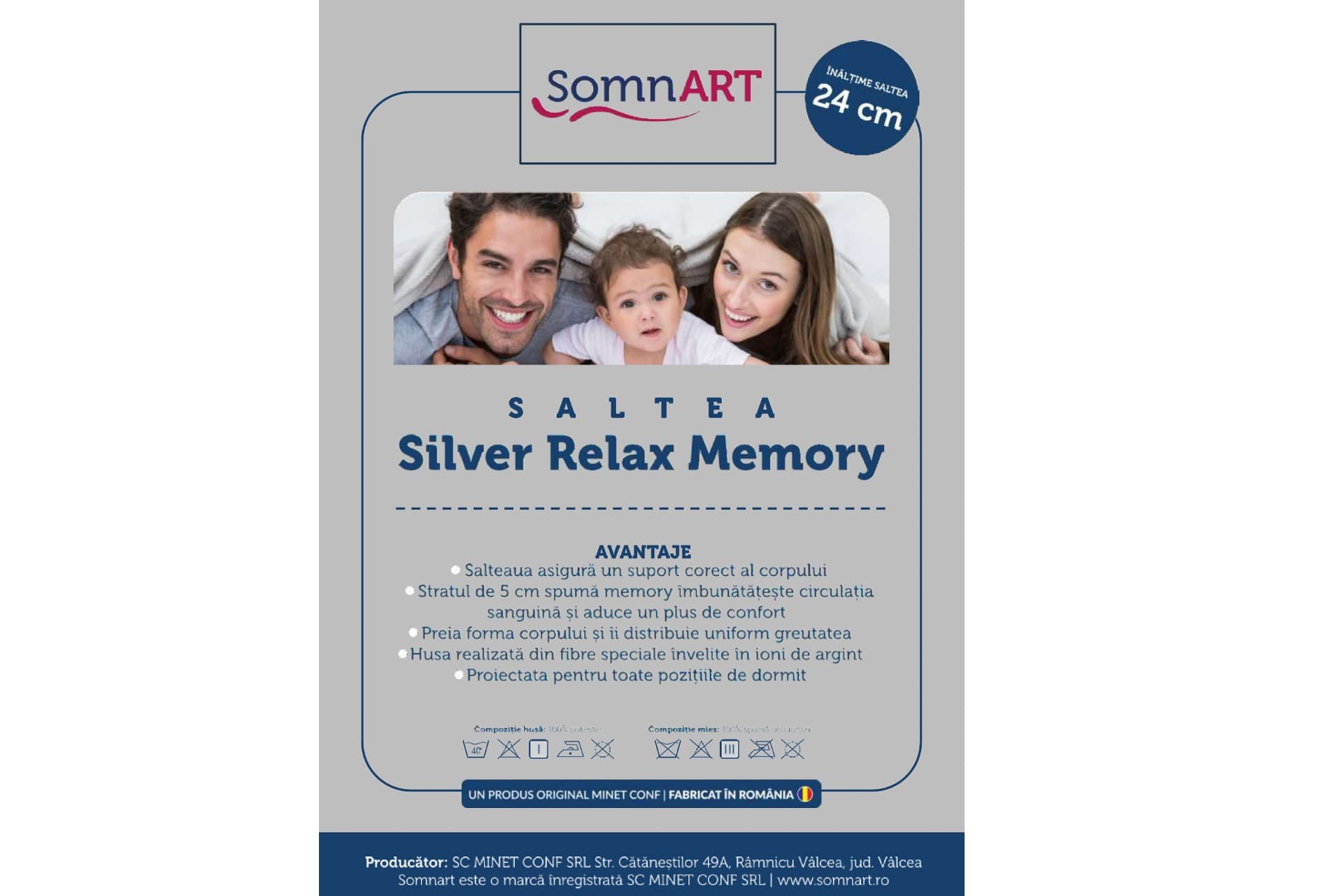 Saltea cu memorie Somnart Silver Relax 120x200, înălțime 24 cm, husă cu ioni de argint, cu mânere, fermitate medie - 9