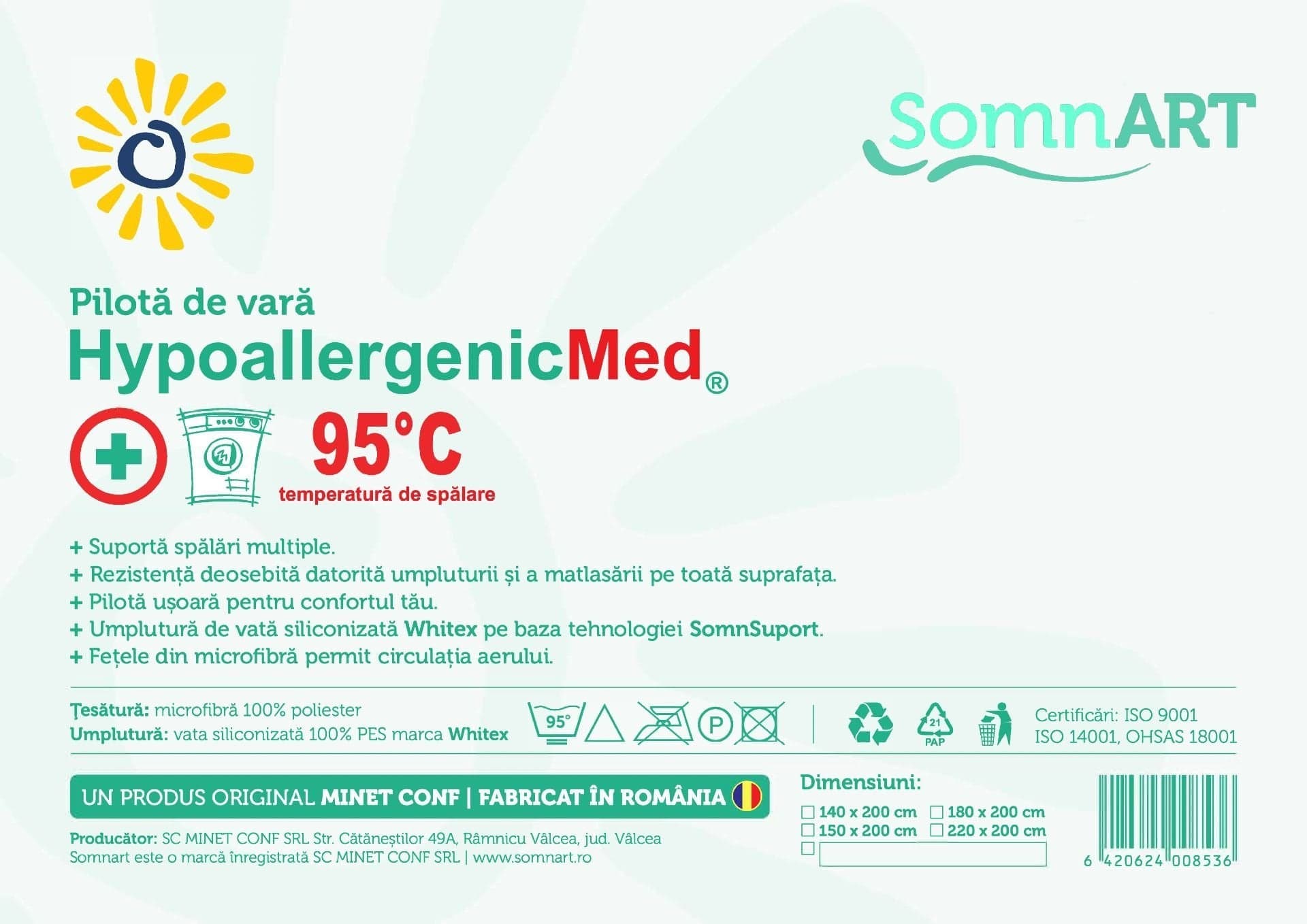 Pilota Somnart HypoAllergenicMed, microfibra 200g, 200 x 220 cm, lavabila la 95°C, pentru vara - 8