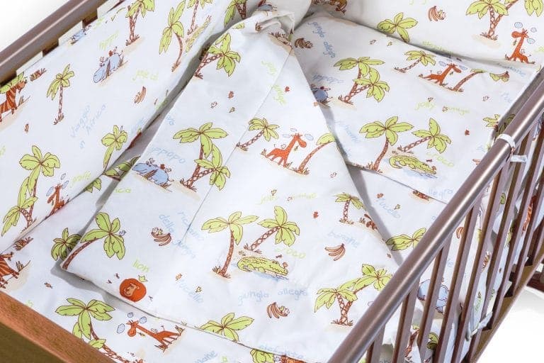 Set pentru patut bebe, Somnart, cearceaf cu elastic pentru saltea 60x120x10, pernuta 37×55, pilota 100×105, aparatori 180x45, model Jungle - 4