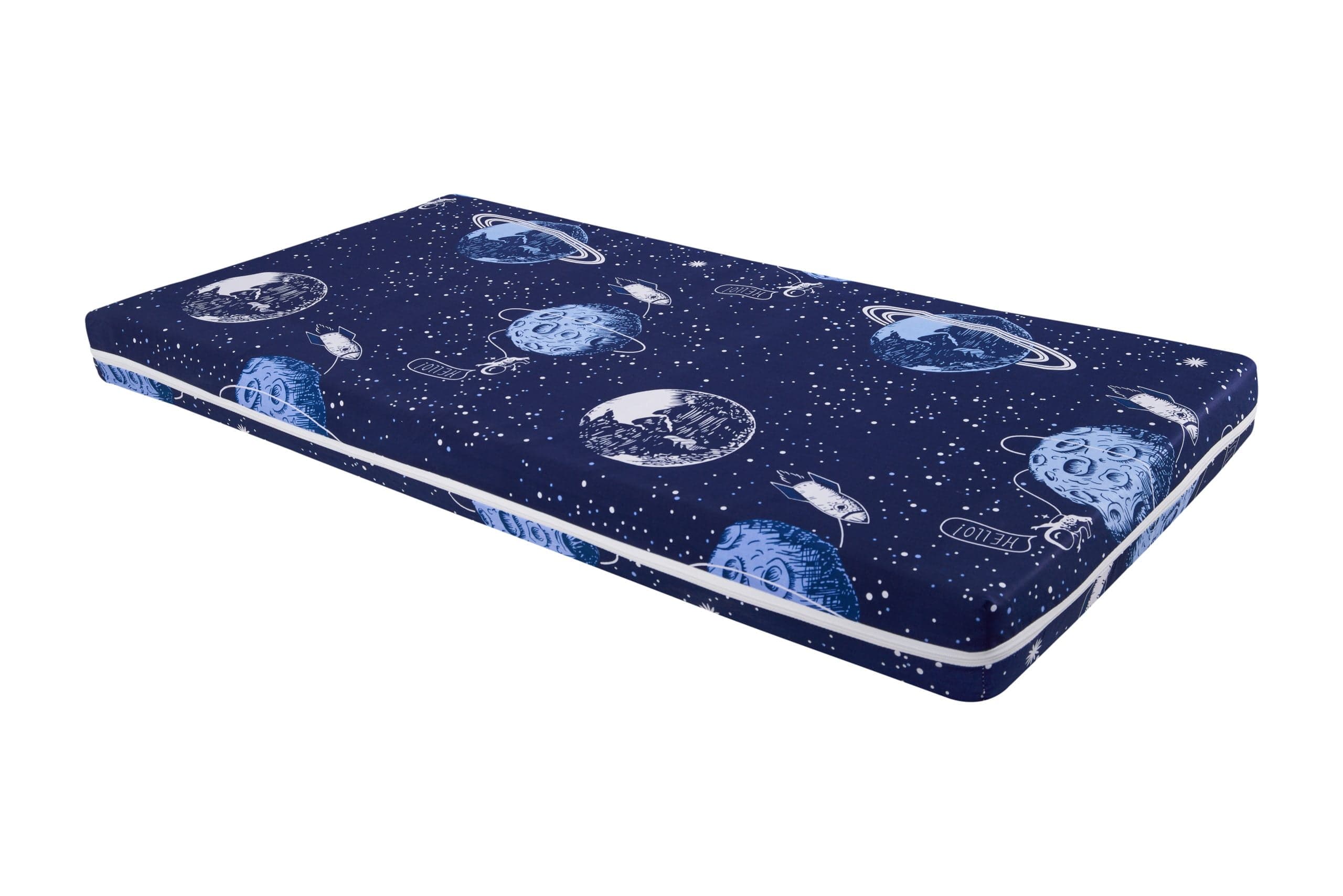 Saltea cu spumă poliuretanică Somnart Ortopedică 70x140, înălțime 10 cm, pentru bebeluși și copii, husă impermeabilă, fermitate medie, model cosmos