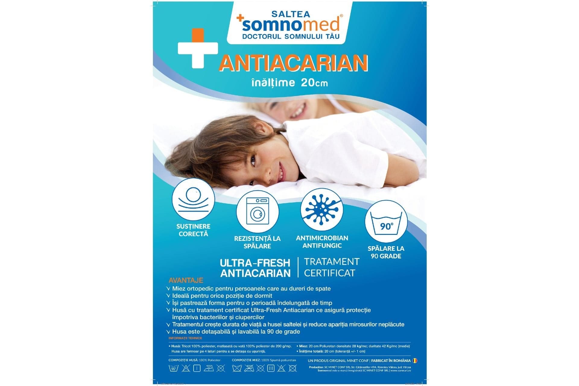 Saltea cu spumă poliuretanică Somnomed Antiacaria 120x200, înălțime 20cm, pentru alergici, husă detașabilă și lavabilă cu tratament antiacarian, fermitate medie - 8