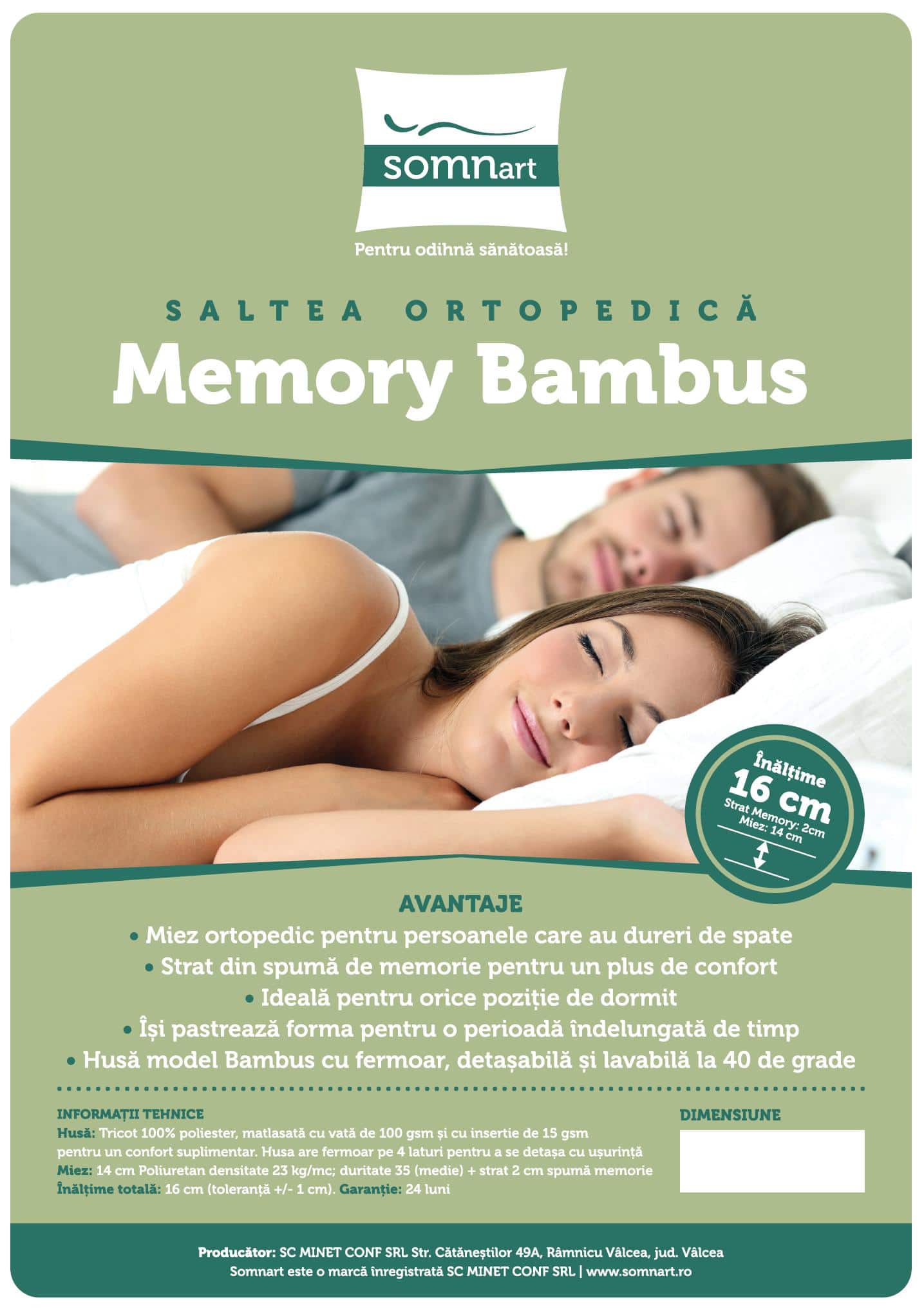 Saltea cu memorie 3D Somnart Memory Bambus 140x200, înălțime 16 cm, husă cu bambus lavabilă și detașabilă cu fermoar, mânere, fermitate medie - 16