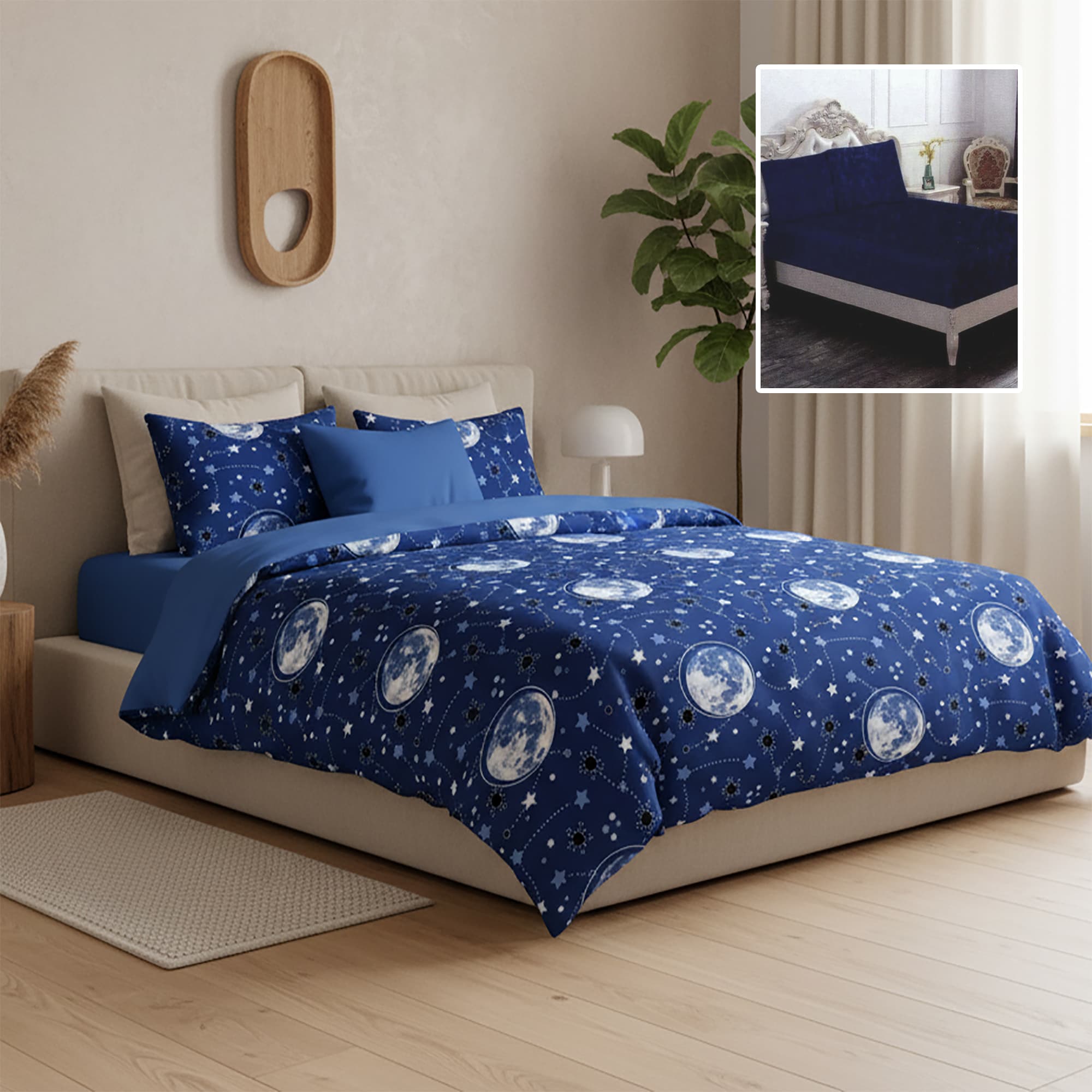 Lenjerie de pat finet 6 piese, cearceaf pat cu elastic, cearceaf pilota 200x230, 2 fete perna 50x70, 2 fete perna 70x70, Extra, Galaxy