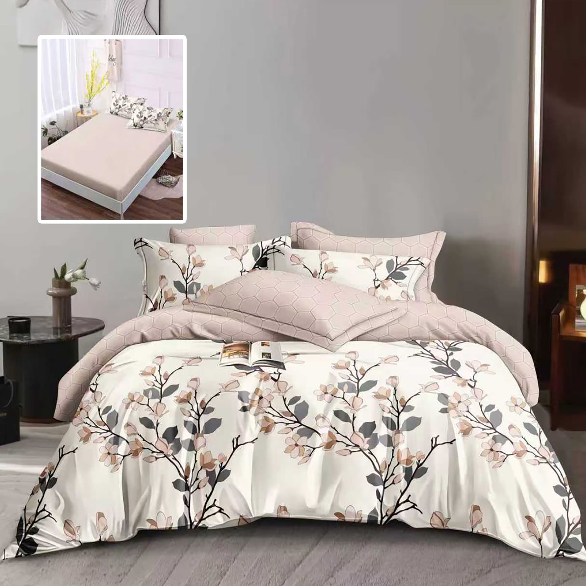 Lenjerie de pat finet 6 piese, cearceaf pat cu elastic, cearceaf pilota 200x230, 2 fete perna 50x70, 2 fete perna 70x70, Extra, Flori crem