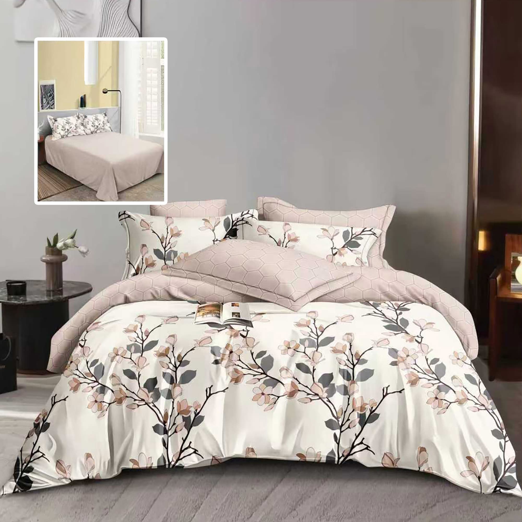 Lenjerie de pat finet 6 piese, cearceaf pat clasic, cearceaf pilota 200x230, 2 fete perna 50x70, 2 fete perna 70x70, Extra, Flori crem