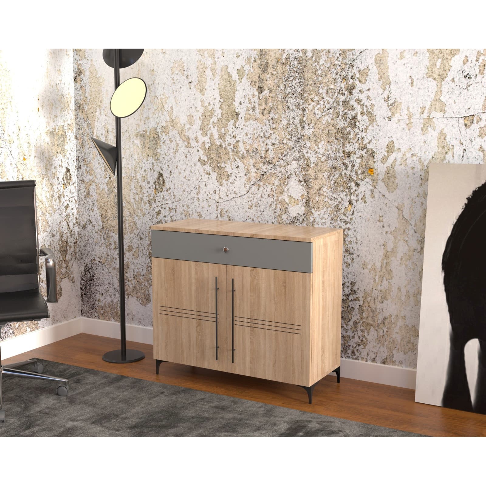 Comoda Atelier Hilton, 2 usi, bej/gri, 90x38x85 cm